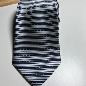 La Strada Hand Made Navy Blue Silver‎ Stripe Dotted Silk Neck Tie